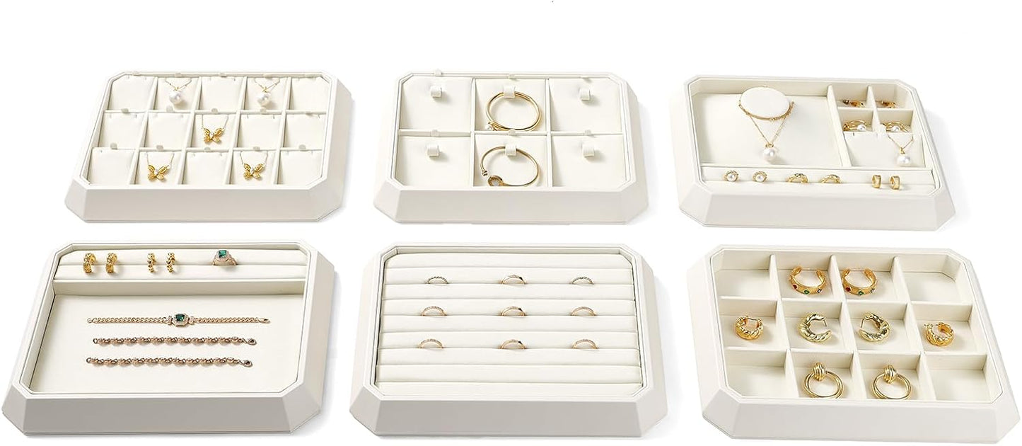 Premium PU Leather Stackable Jewelry Ring Display Tray Ring Earring Display Holder Organizer Showcase(Beige)