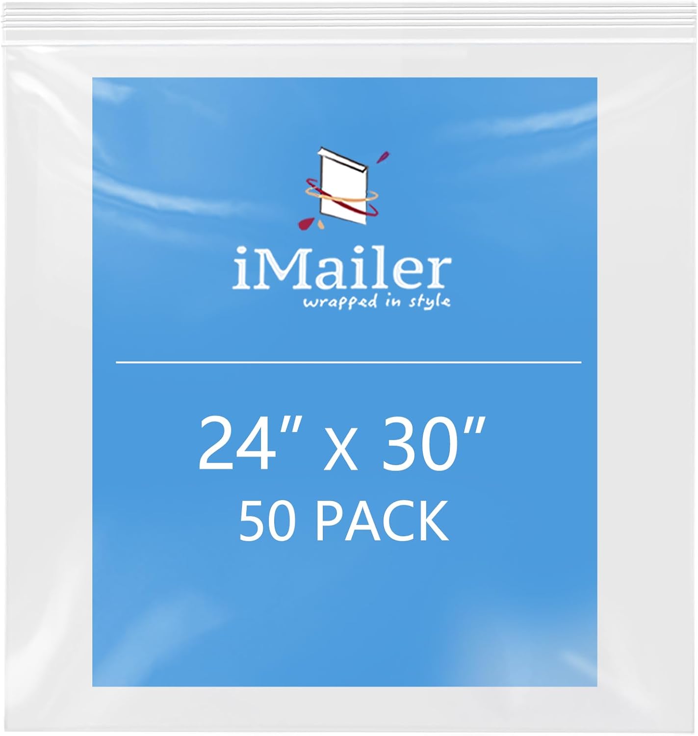 iMailer- 24" x 30" 50 Pack- 2 Mil Resealable Zip Bags- Clear Plastic Bags with Zip Top Lock for Storage, Organizing, Crafts, Travel