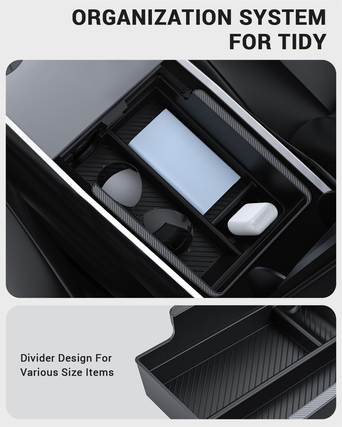 BASENOR 2021-2024 Tesla Model Y Model 3 Armrest Storage Box (Carbon Edition) Console Organizer Tray for 2021-2023 Model 3 2021-2024 Model Y Interior Accessories