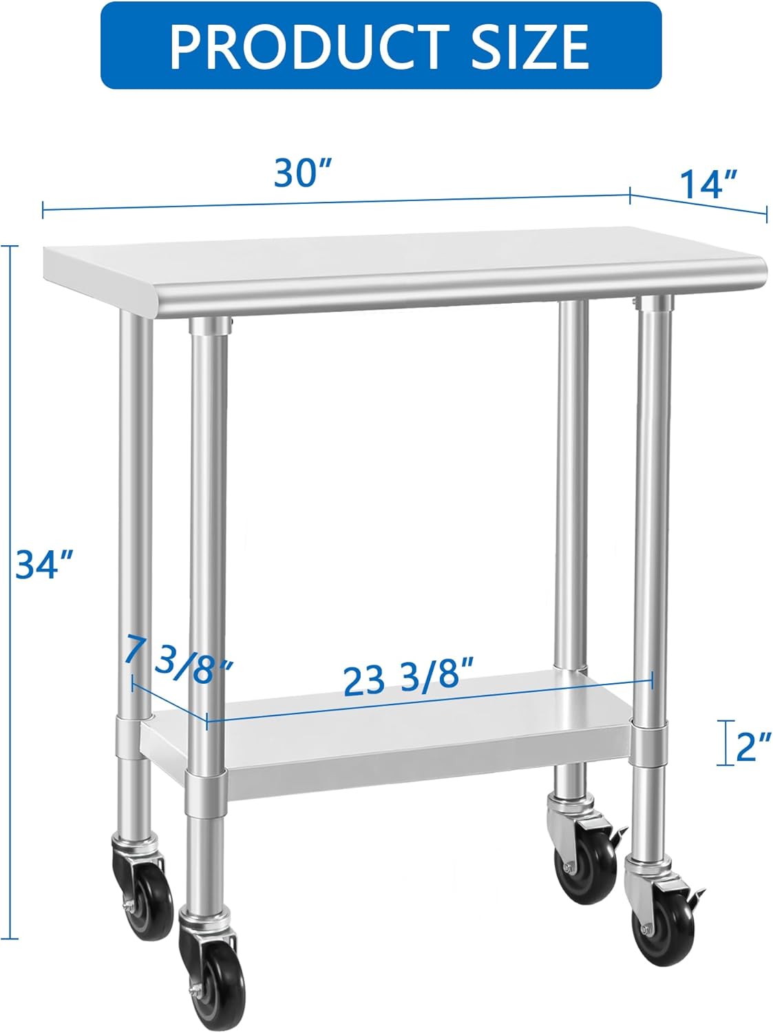 HARDURA Stainless Steel Commercial Table Prep & Work Table with Casters Heavy Duty Metal Table with Wheels NSF 430 14×30 Inches