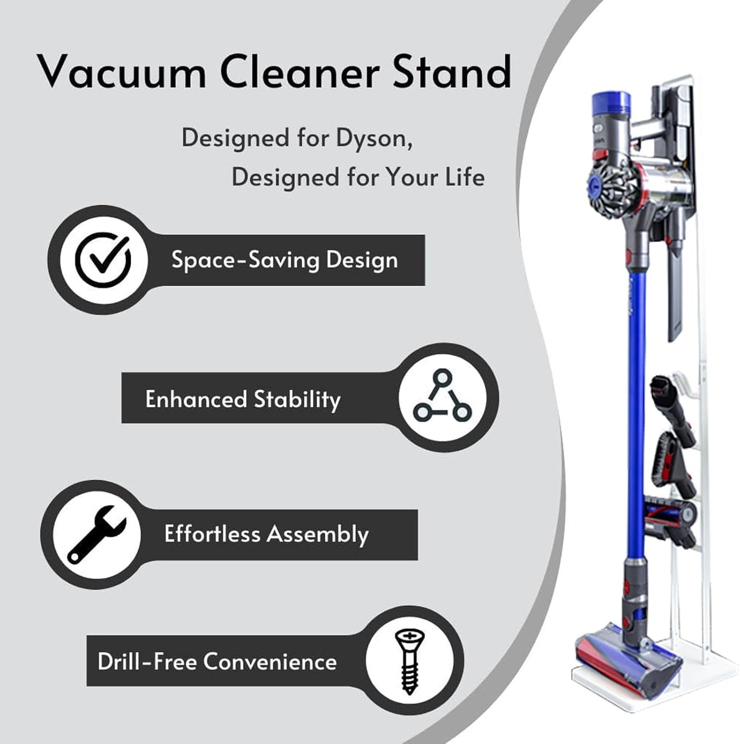 Vacuum Stand for Dyson,Handheld V15 V11 V10 V8 V7 V6 DC30 DC31 DC34 DC35 DC58 DC59 DC62 Cordless Vacuum Cleaners,Stable Metal Storage Bracket Holder(White)