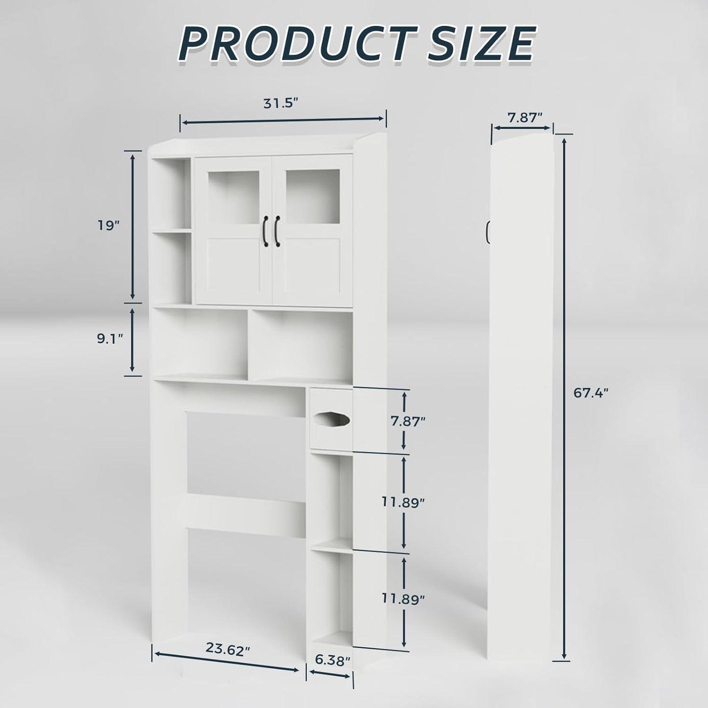 Over Toilet Storage Cabinet, 67 Inch Wall Mounted Tall Cabinet, Freestanding Bathroom Organizer Shelf for Bathroom, Restroom, Laundry, White