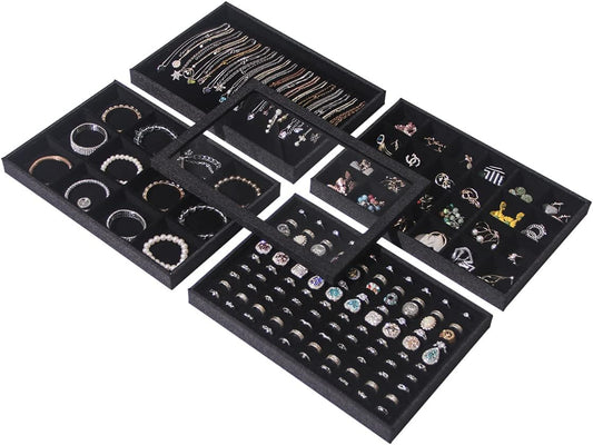 Julysky 5 Pcs/set Stackable Jewelry Organizer Trays with Glass Lid,100 Slots Ring Holder,Bracelet Displays Stand for Selling Necklace Earring Rack