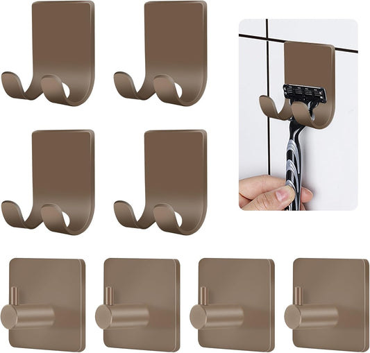 CGBE Razor Holder for Shower, 4 Packs Shaver Holder and Hooks, Self Adhesive Wall Mounts for Bathroom, Damage Free - Brown