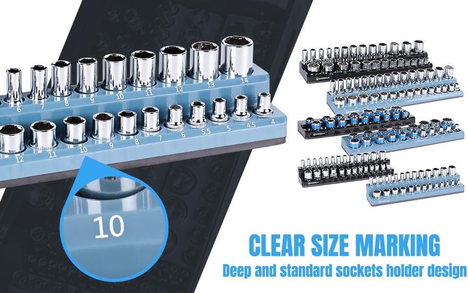 Magnetic Socket Organizer - 6-Piece Tool Storage for SAE & Metric Drive Sockets - Clear Size Markings, Deep Slots, Powerful Magnet - Holds 143 Pieces - (Sockets Not Included)