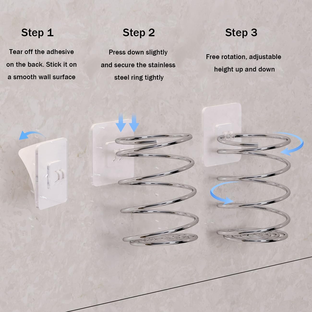 Wall-Mounted Spiral Hair Tool Holder, Adhesive Bathroom Organizer for Toothbrush and Makeup Brushes, Stainless Steel, 8 x 7 cm (1)