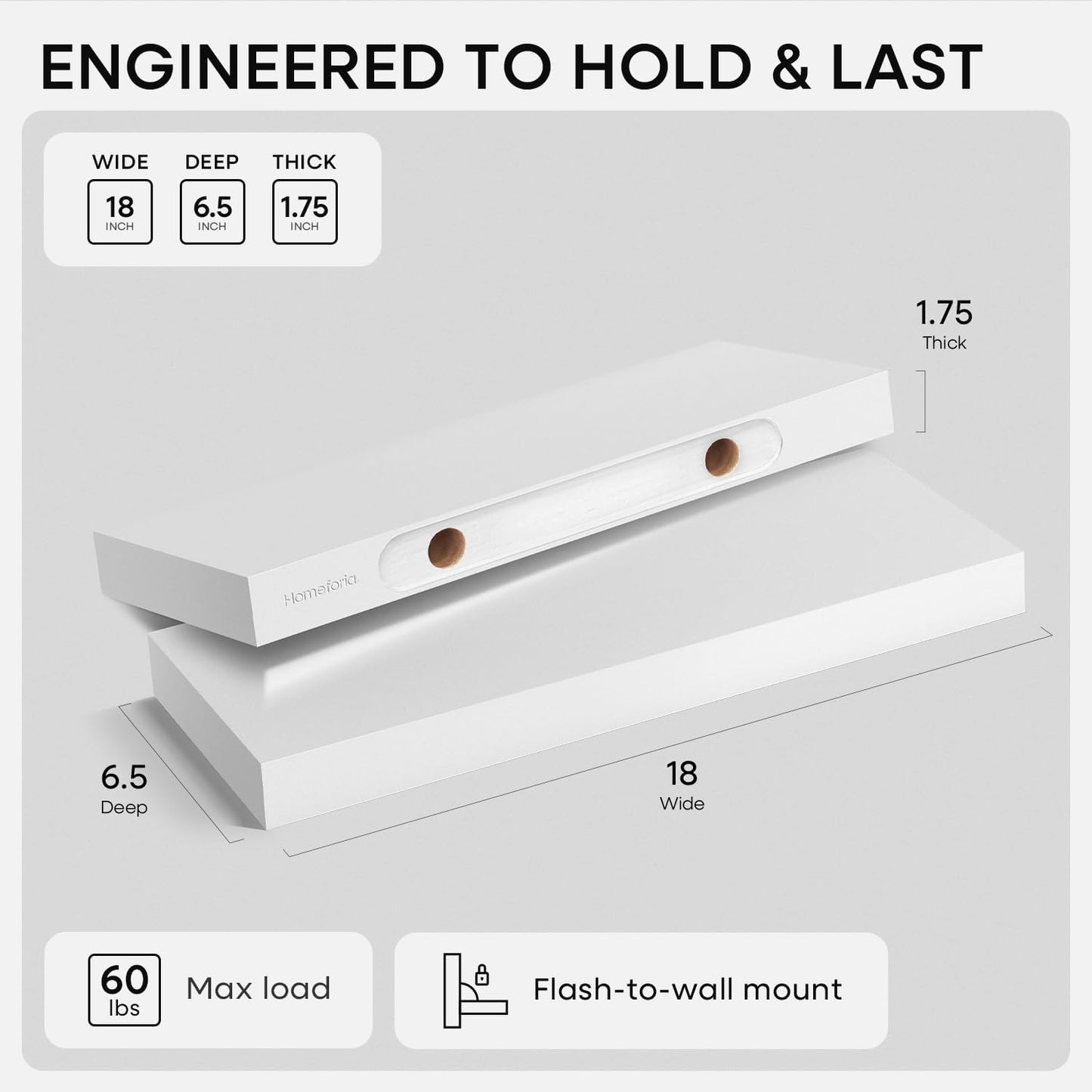 Homeforia White Floating Shelf 18 inch, High End Solid Real Wood 18inch Bathroom Floating Shelves for Wall Mounted, White Wooden 18in Floating Shelves, Heavy Duty Bracket, 18 X 6.5 X 1.75 in, Set of 2