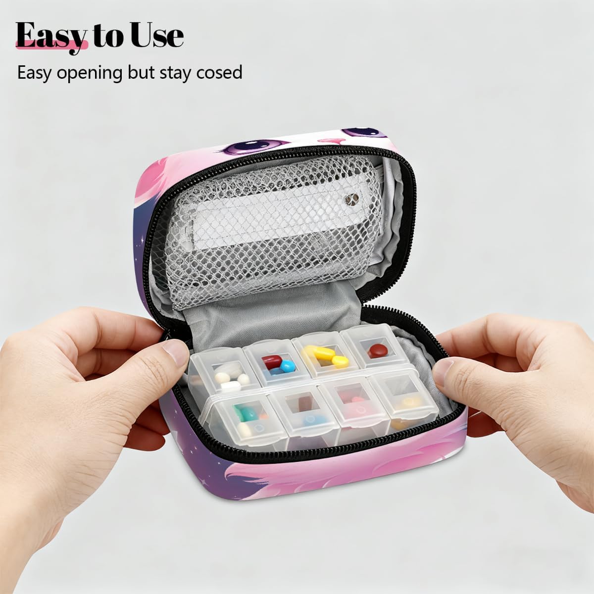 Lovely Cat Starry Sky Pill Organizer Travel Medicine Case with Zipper Daily Vitamin Storage Bag Portable 8 Slot Weekly Pill Box Supplement Holder for Home Office Gym Travel