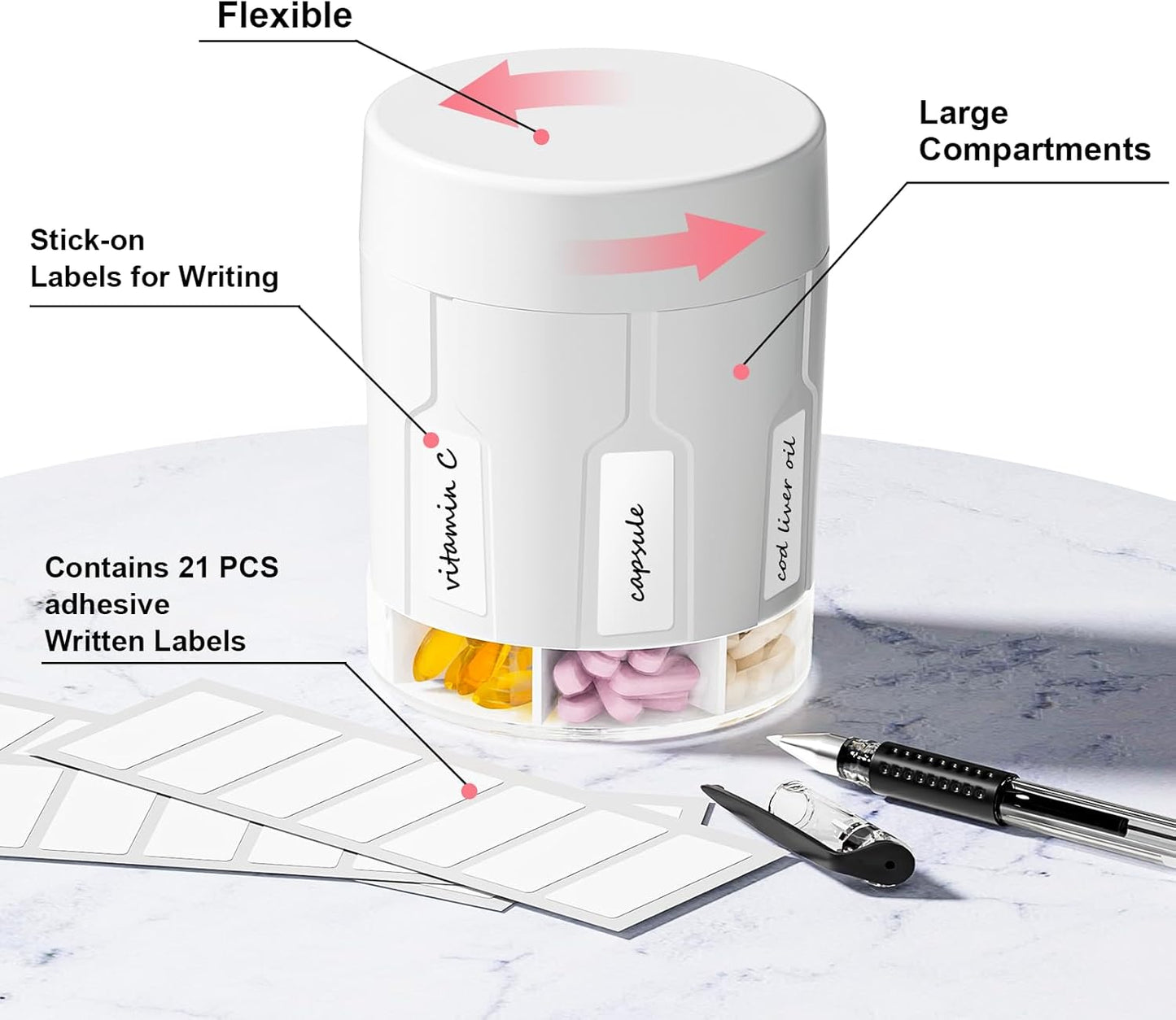 Betife Extra Large Supplement Organizer,Weekly Pill Organizer Bottle, Daily Pill Dispenser with 7 Large Compartments, Organizer to Hold 7 Day Vitamin Medication,21 Labels and a Cleaning Brush（White）