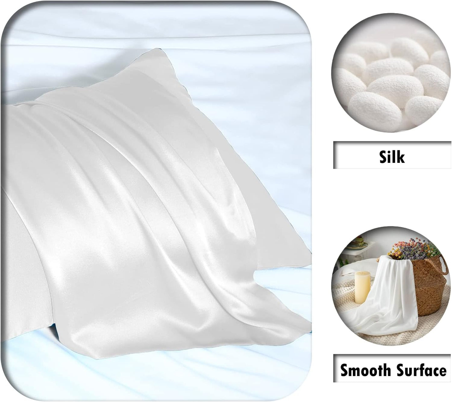 Silk Pillowcase for Hair and Skin,Soft,Breathable and Sliky 100% Standard Size Pillow Cases Set of 2,Both Sides Natural Mulberry Silk Pillowcases with Hidden Zipper(Standard Size 20"X 26",2pcs)
