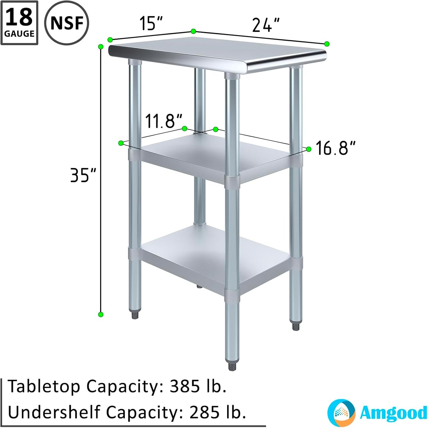 AmGood Stainless Steel Work Table with 2 Shelves | NSF | Metal Utility Table (15" Long x 24" Deep)