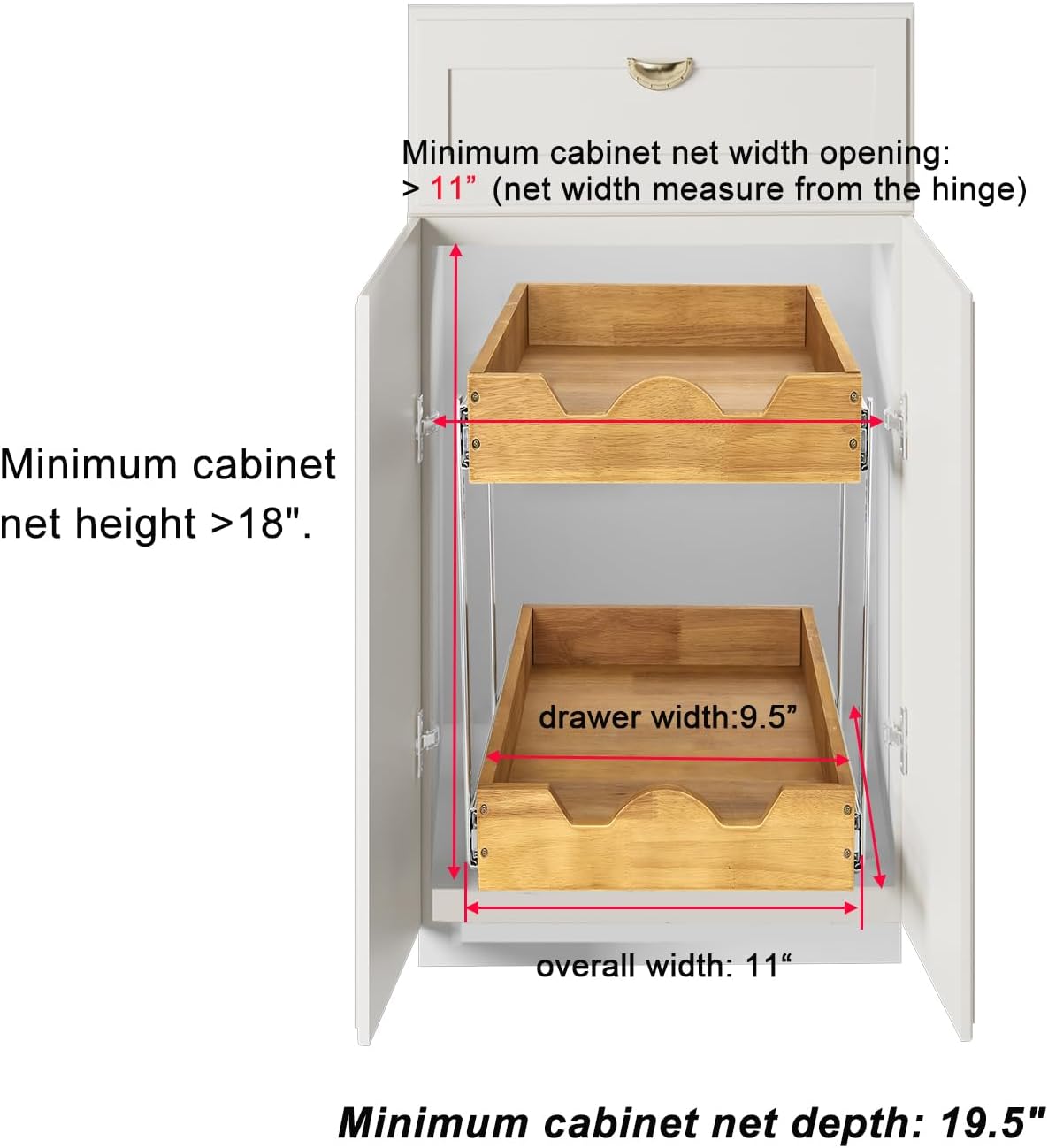 DINDON 2 Tier Wood Pull Out Cabinet Organizer (11" W x 18" D) Slide Out Wood Drawer, Two Tier Pull Out Shelf Organization and Storage…