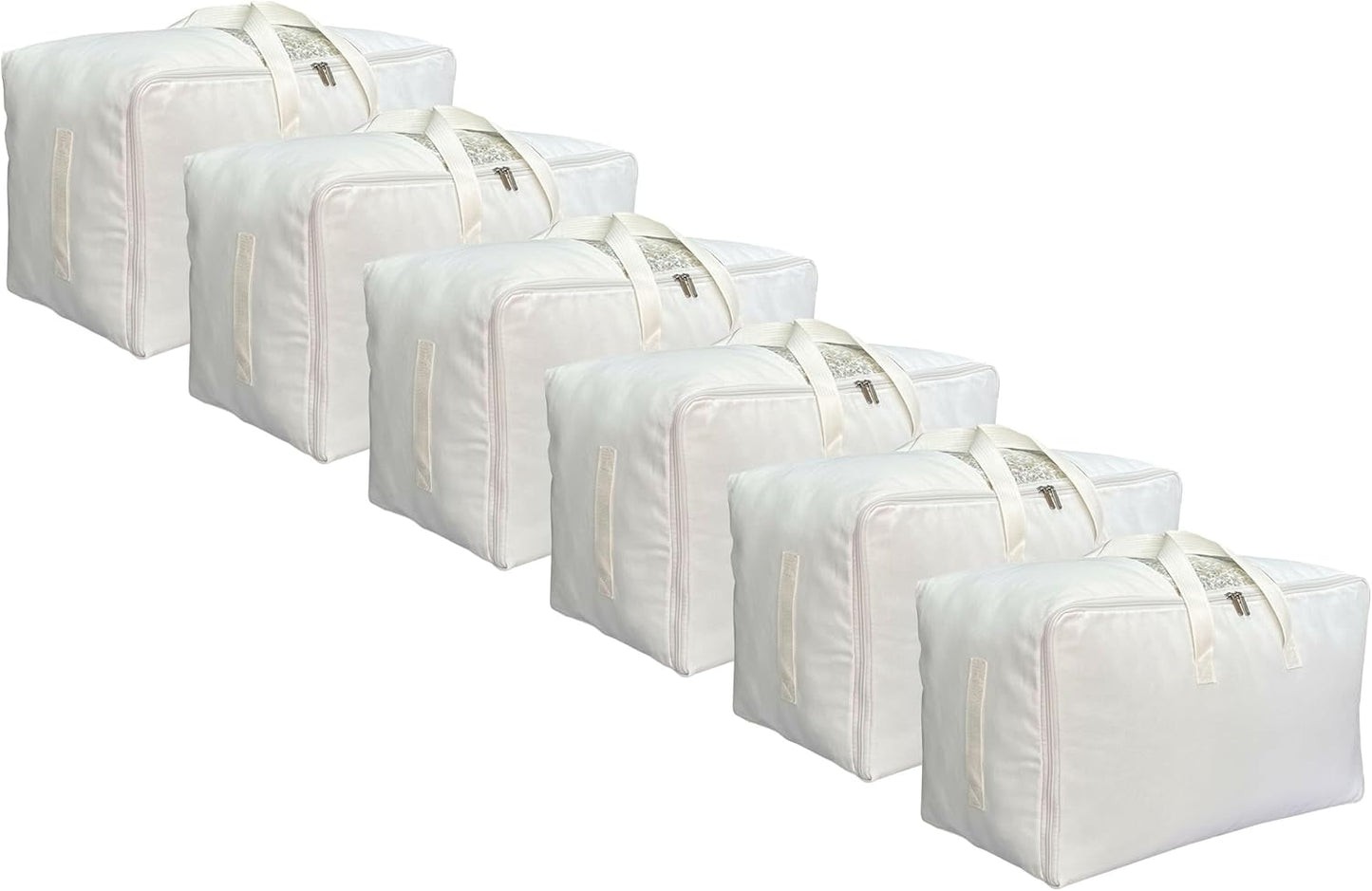 Soft Large Canvas Comforter Storage Bags with Four Carrying Handles and Clear Window, Closet Organizer for Clothing, Blankets Sheets Pillows and Bedding, 80L, 6 Pack, White