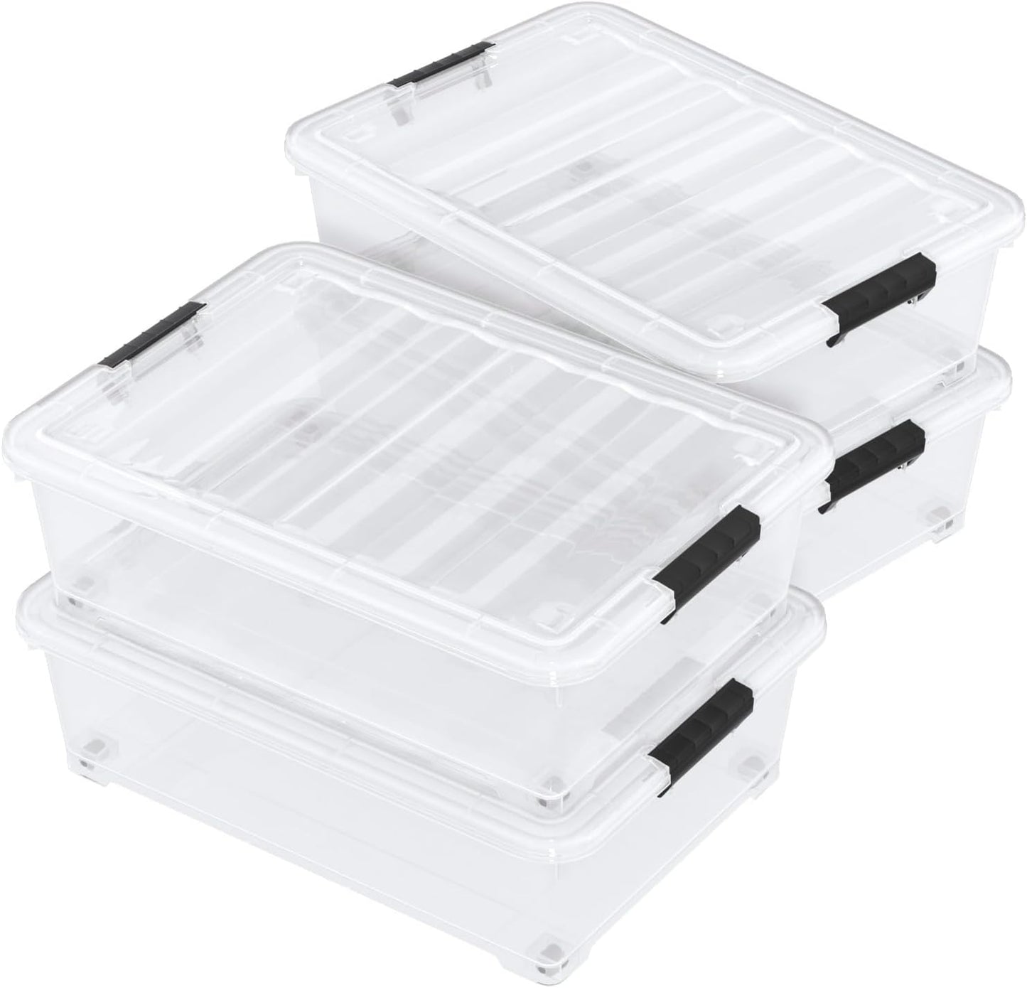 25 Quart Clear Underbed Storage Bins with Wheels, Stackable Plastic Latching Bin with Lid, 4 Packs