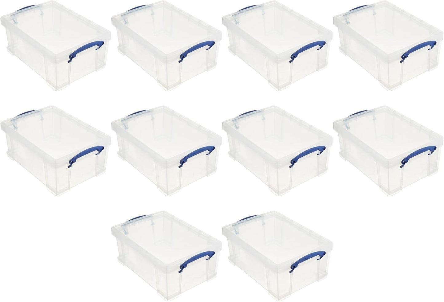 Really Useful Box Stackable 9 Liter Plastic Storage Container Bin with Snap Lid & Built-In Clip Lock Handles for Home & Office Organization (10 Pack)
