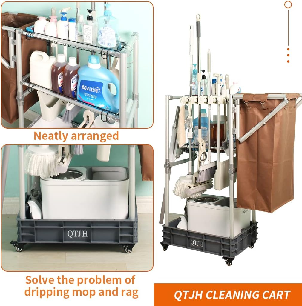 Janitorial cart Housekeeping cart Cleaning Cart on Wheels Housekeeping Caddy with Shelves Broom mop Holder