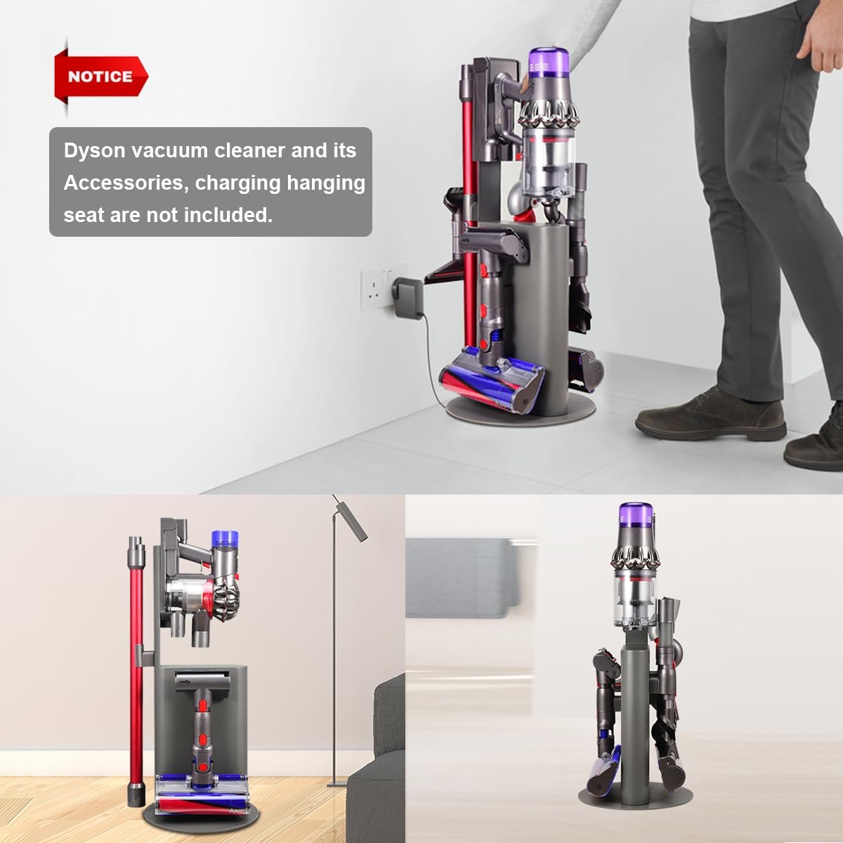 Vacuum Stand Holder for Dyson V15 V11 V10 V8 V7 V6 Cleaner, Stable Metal Storage Rack, Drill-Free Organizer Bracket Compatible with Dyson Cordless Vacuum Cleaner and Its Tools, Grey