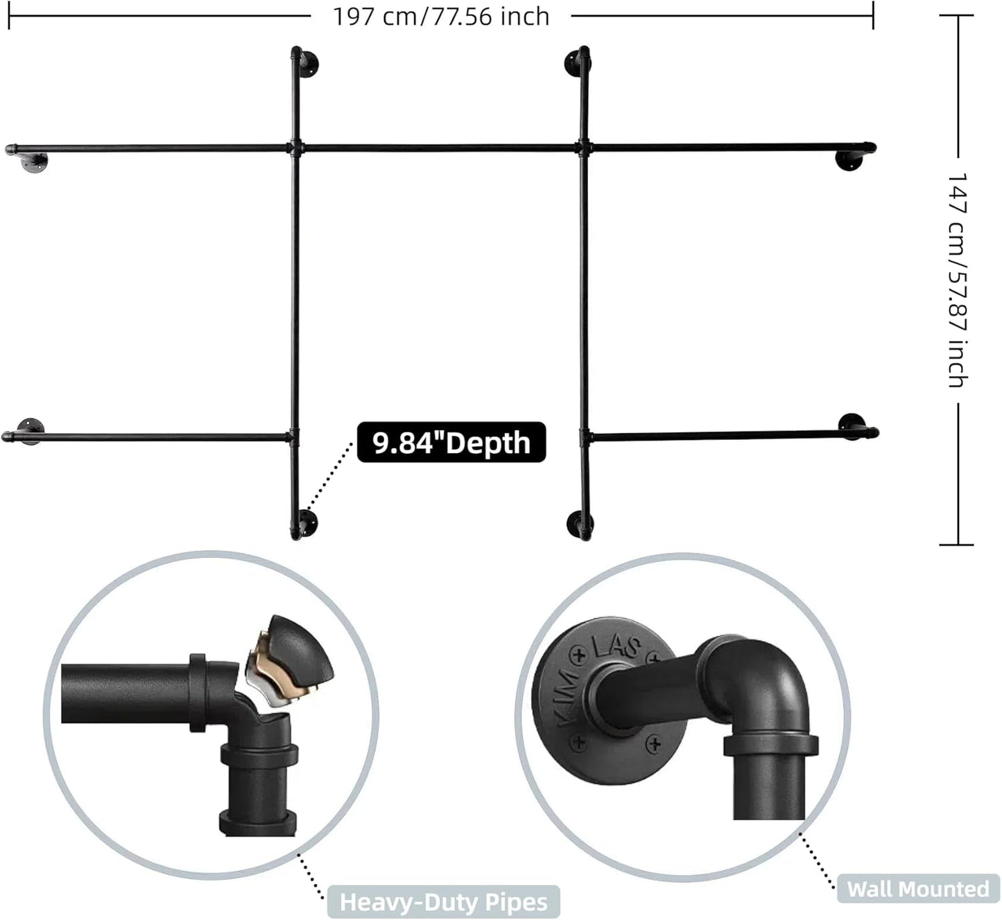 Industrial Pipe Clothes Rack Wall Mounted Clothing Rack,Heavy Duty Iron Pipe Garment Rods,Detachable Multi-Purpose Clothing Hanging Rod/Garment Bar, Black