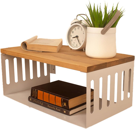 Floating Nightstand with White Metal Base, Wooden Top and Sturdy Metal Base, Minimalist Bedside Table, Wall Mounted Shelf, Bedside Shelf (Madrid)