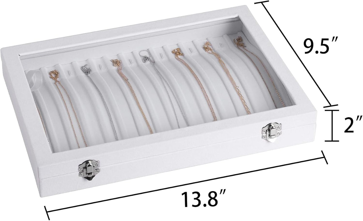 Frebeauty 15 Hooks Necklace Tray,Neckalce Organizer with Clear Lid,Velvet Necklace Holder Box,Jewelry Organizer for Pendants Chains,13.8x9.5x2 inches Necklace Jeweley Tray for Women(White)