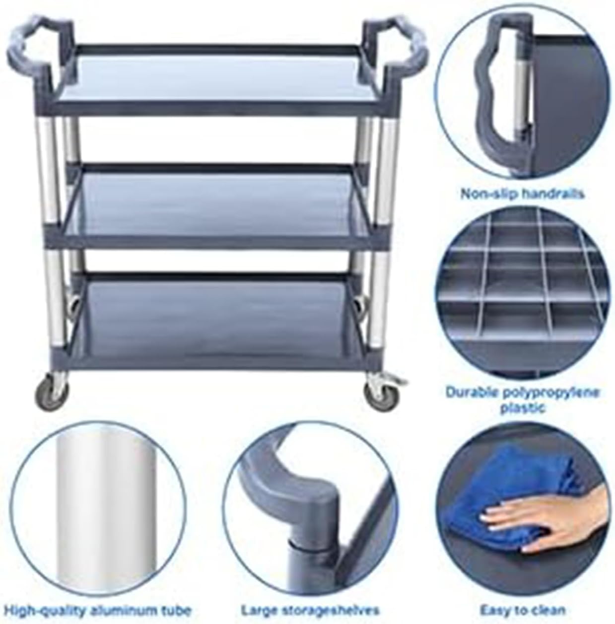 3-Tier Plastic Service Utility Cart with Wheels, Heavy Duty 3-Shelf Rolling Utility/Push Cart for Foodservice/Commercial/Restaurant/Office/Kitchen/Hotel, Grey
