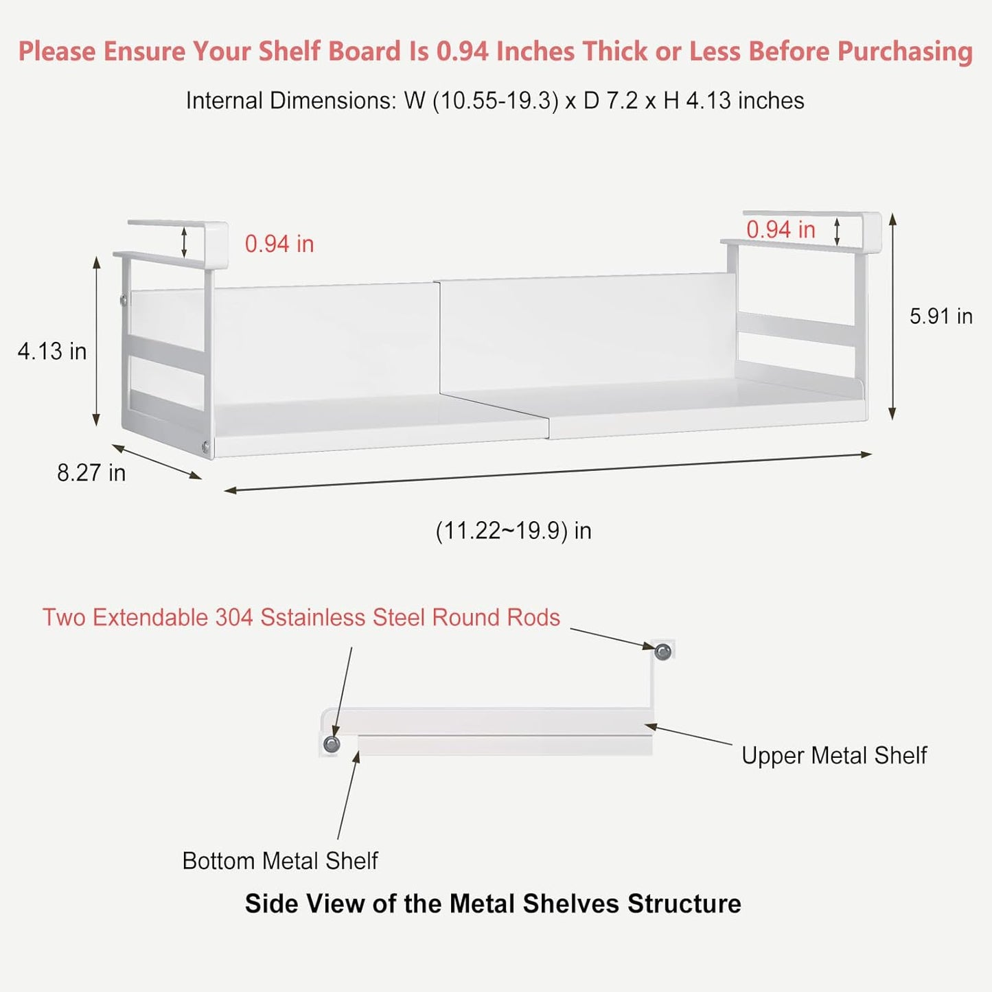 Expandable Under Cabinet Shelf Organizer with 0.94-Inch Thick Clips, Heavy Duty Extendable Under Shelf Storage Basket for Pantry or Laundry Room, White, 2 Pack, Interior: 4.13" H x 7.2" D