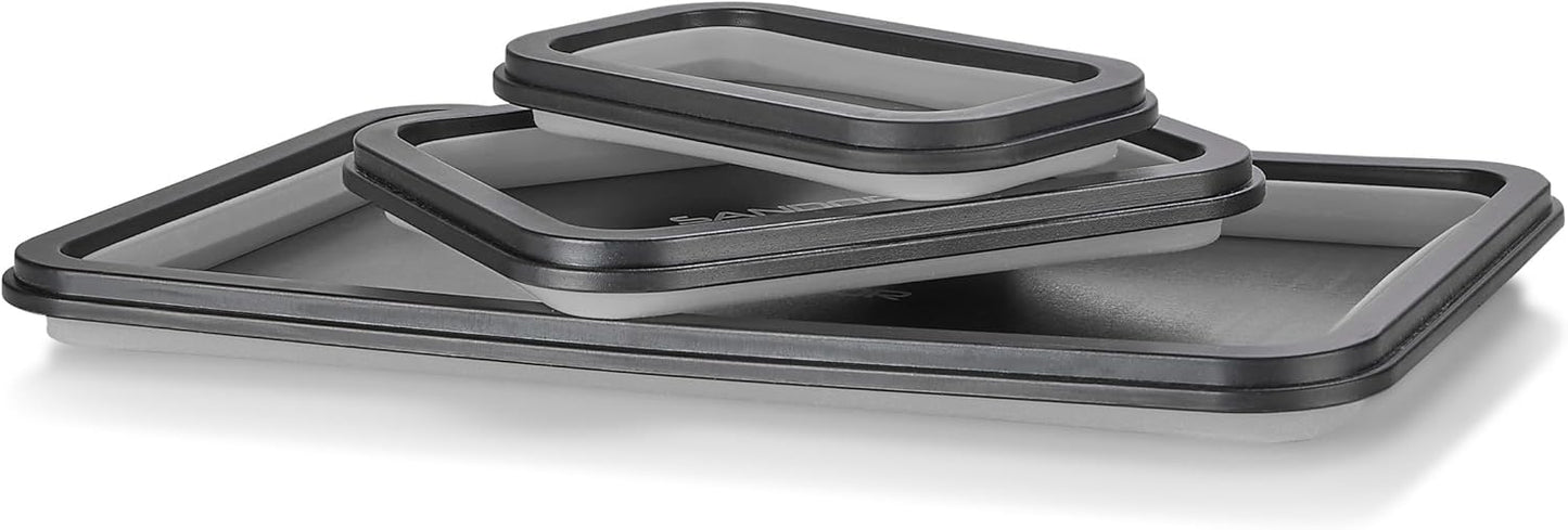 Collapsible Magnetic Parts Tray Set - 3 Different Size Tool Trays for Screw, Bolts, Nuts, Washers, Pins and Other Small Metal Parts, Mechanic Tool Gifts for Men - Light Grey