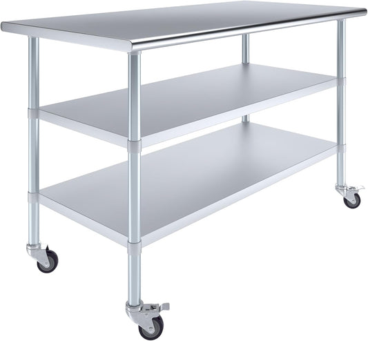AmGood Stainless Steel Work Table with 2 Shelves and Casters | Metal Utility Table On Wheels (Stainless Steel Work Table with 2 Shelves + Casters, 60" Long x 30" Deep)