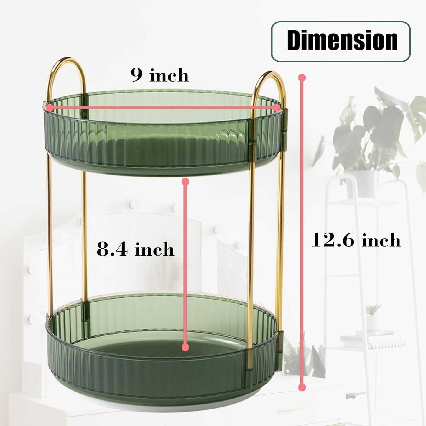 Rotating Makeup Organizer Countertop 2 Tier Lazy Susan Trays Clear Skincare Perfume Storage for Bathroom Counter Vanity, Green Gold