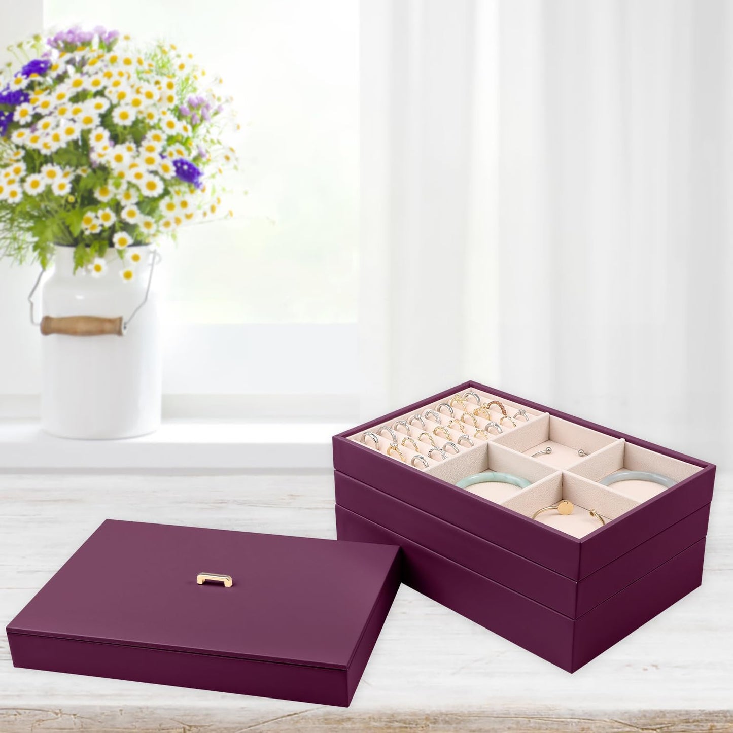 Voova Stackable Jewelry Organizer Tray with Lid, PU Leather Jewelry Storage Holder for Drawer Inserts, Jewellery Display Box Case for Earring Necklace Ring Watch Bracelet (Set of 4, Purple)