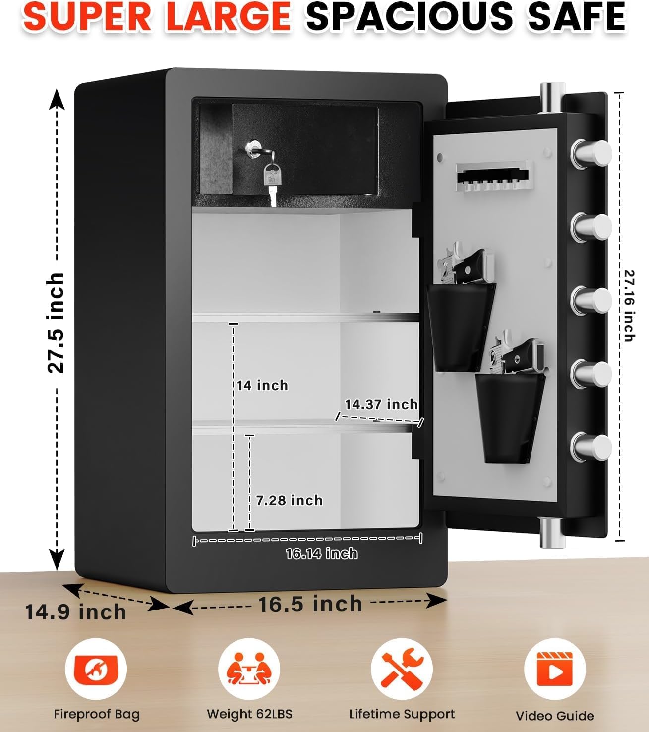 27.56 Inches Tall Heavy Duty Biometric Safe Box with Fireproof Waterproof Bag, Large Document Storage Anti-Theft Dual Alerts, Mute Mode, Digital Security for Business