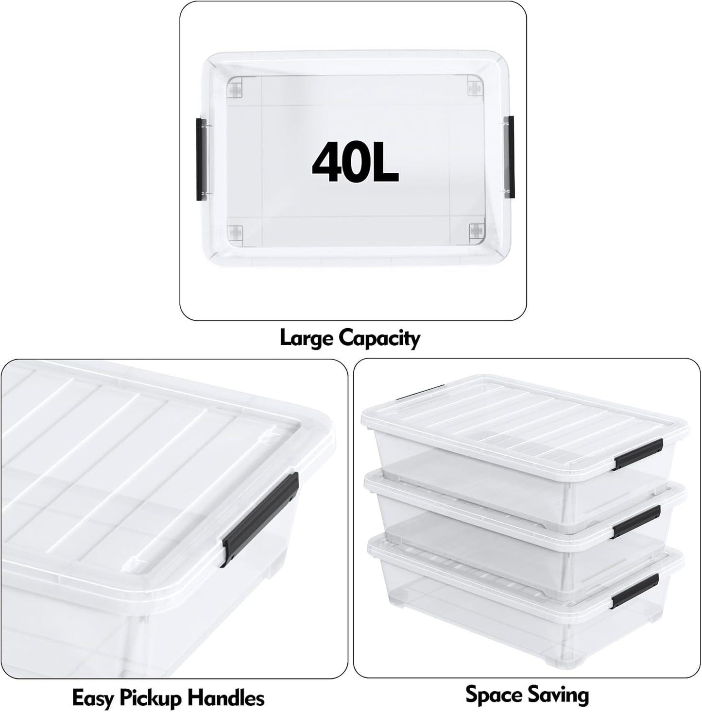 40 L Under Bed Plastic Storage Bins with Lids, Clear Underbed Storage Bin, 3 Pack