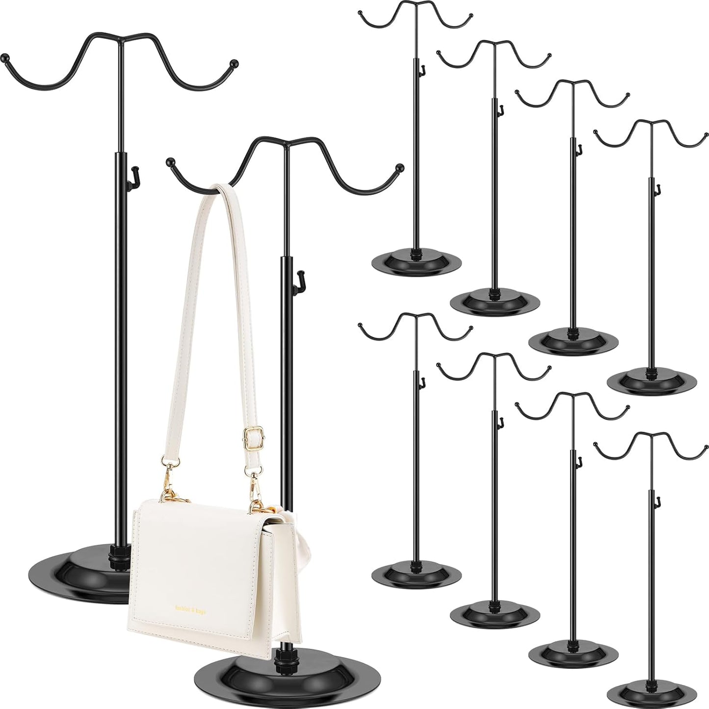 Weysat 10 Pcs Purse Holder Adjustable Handbag Display Stand Double Hook Metal Bag Hanger Jewelry Display Rack for Handbags Wig Hat Closet Boutique Tabletop Store Retail Use (Black)