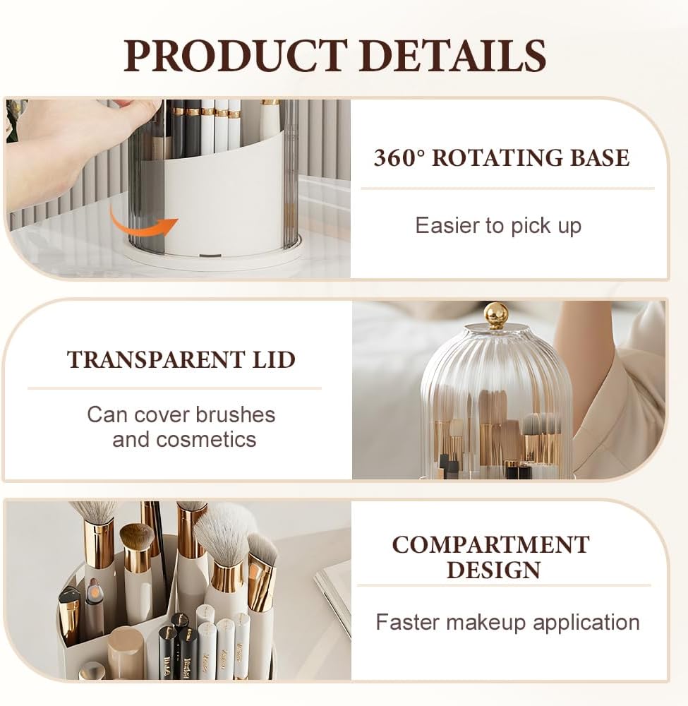 Covered 360° Rotating Makeup Brush Holder, Makeup Organizers with Lid, Clear Cover Brush Holder with Transparent Door Lid for Desktop, No Dust Toothbrush Holders for Vanity and Bath (Clear black)