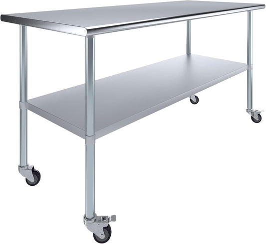 AmGood 30" x 72" Stainless Steel Work Table with Casters | Heavy Duty Metal Utility Table On Wheels | Kitchen Island Cart