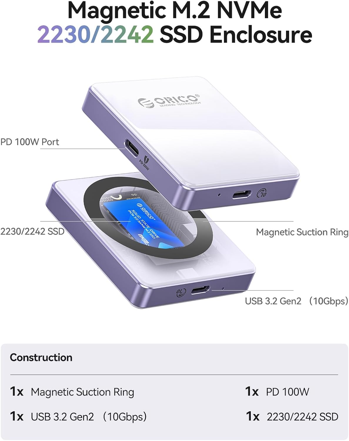 ORICO 10Gbps Magnetic M.2 NVMe SSD Enclosure with PD100W Charging Port 4K ProRes Recording Max 2TB for iPhone 17/16/15 Pro/Pro Max/Plus Support SSD Size 2230/2242 B+M M-Key Diskless AP42P (Green)