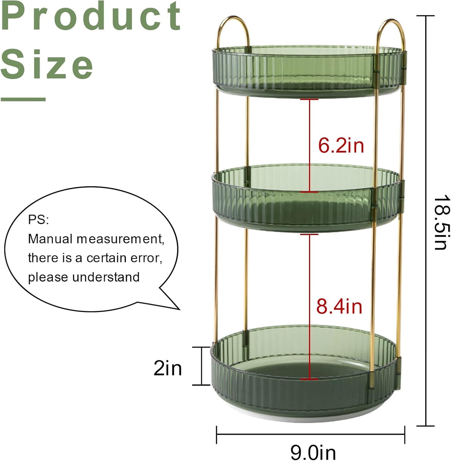 360° Rotating Makeup Organizer, Bathroom Make Up Spinning Holder Rack, Large Capacity Cosmetics Storage Vanity Shelf Countertop, Fits Cosmetics, Perfume, Skincare(3 Tiers, Green)