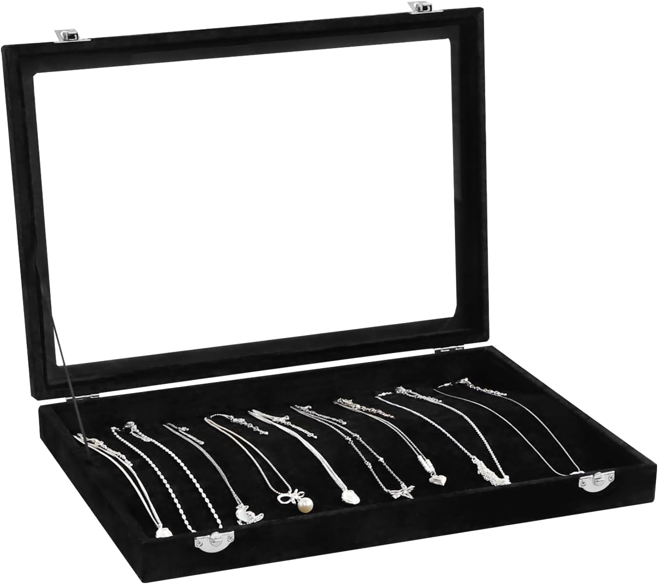 Wudygirl Jewelry Organizer Necklace Organizer Box 20 Hooks Necklaces Holder Display Case Black Velvet Jewelry Organizer with Clear Lid(Black Necklace Tray)
