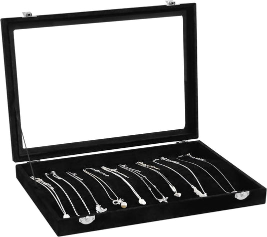 Wudygirl Jewelry Organizer Necklace Organizer Box 20 Hooks Necklaces Holder Display Case Black Velvet Jewelry Organizer with Clear Lid(Black Necklace Tray)