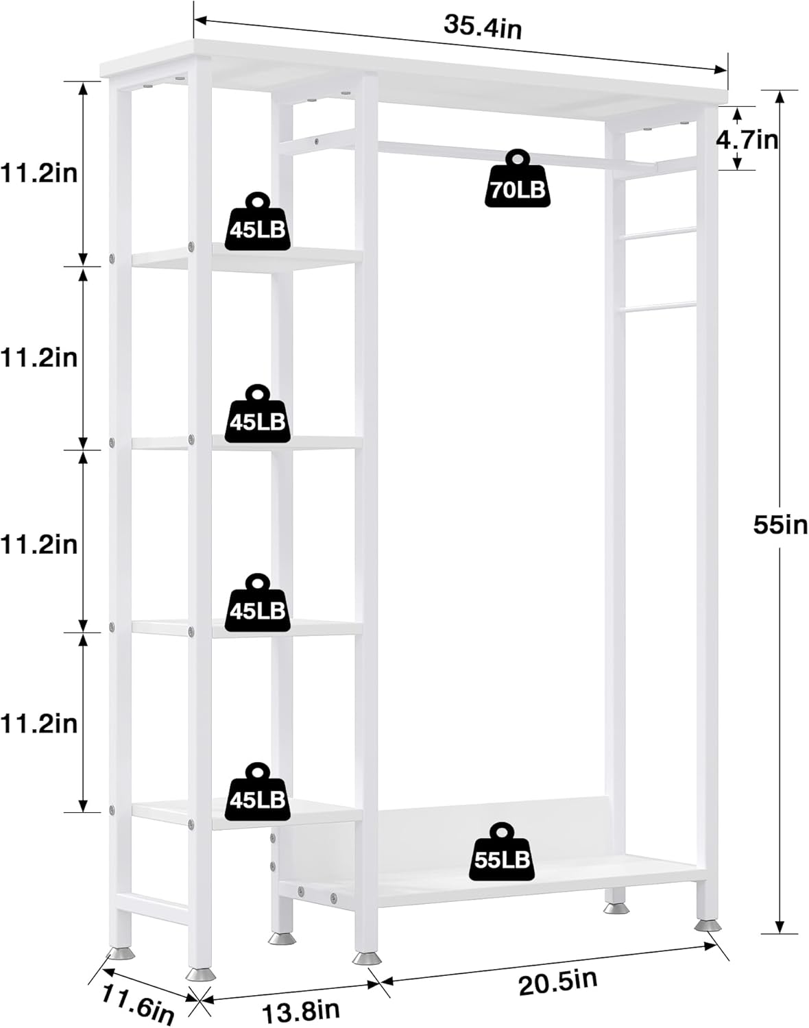 VECELO Open Garment Clothing Rack, Free-Standing Heavy Duty Storage Closet with 5 Shelves and Hanging Rod for Small Spaces, Max Load 350LBS, White