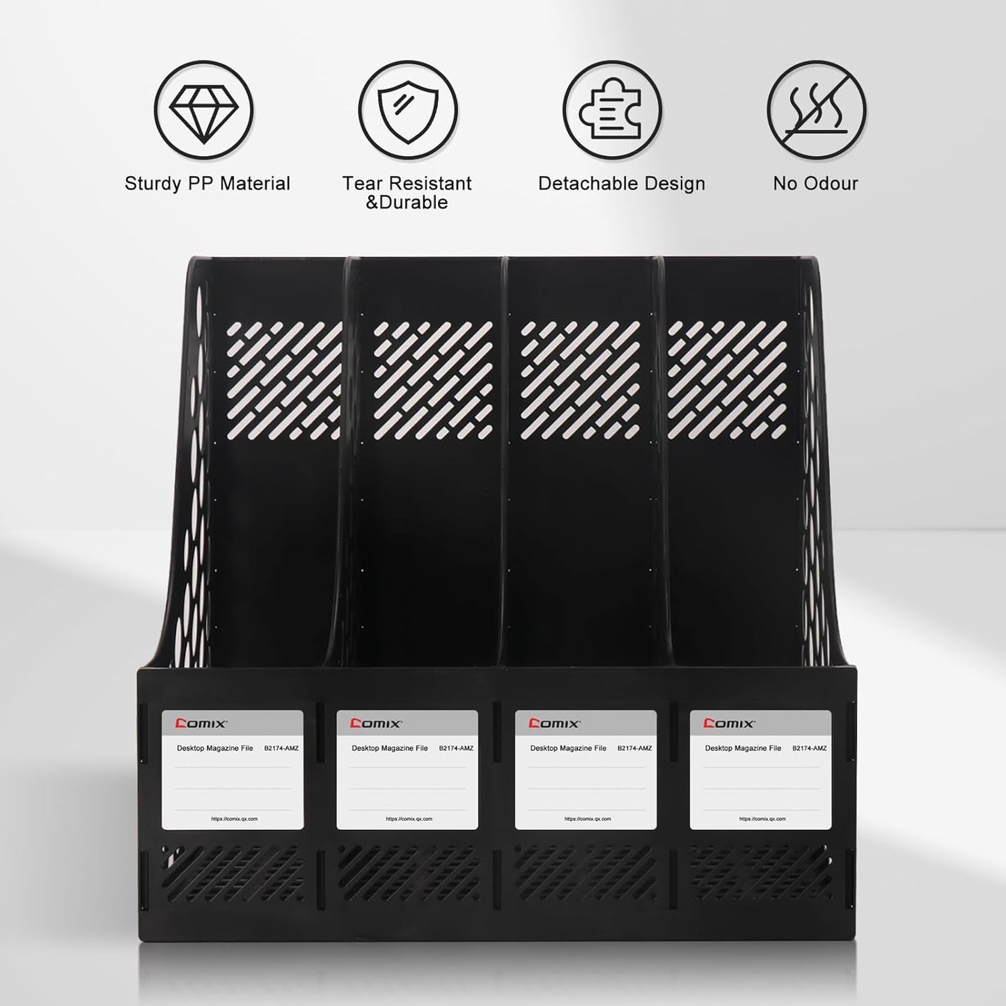 Comix Magazine File Holder Rack/Vertical Desktop File Organizer - Plastic Desk Organizer for Files, Folders, Books - 4 Compartment Binder Organizer - Black