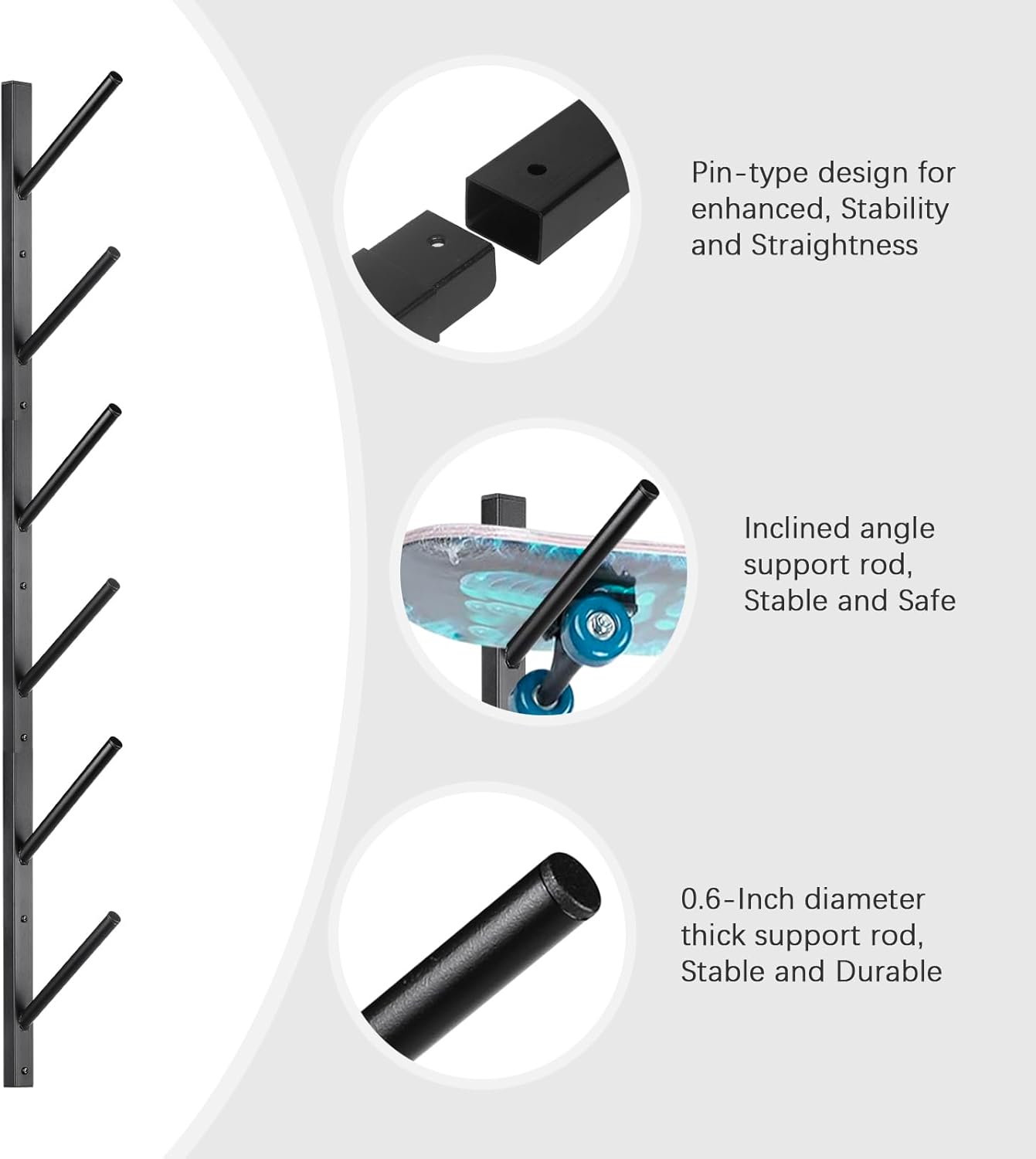 Skateboard Rack Wall Mount – Skateboard Wall Hanger, Snowboard Display Wall Mount, Ski Holder | 6-Floor Skateboard & Ski & Snowboard Storage Rack | Snowboard & Ski Lover Gifts