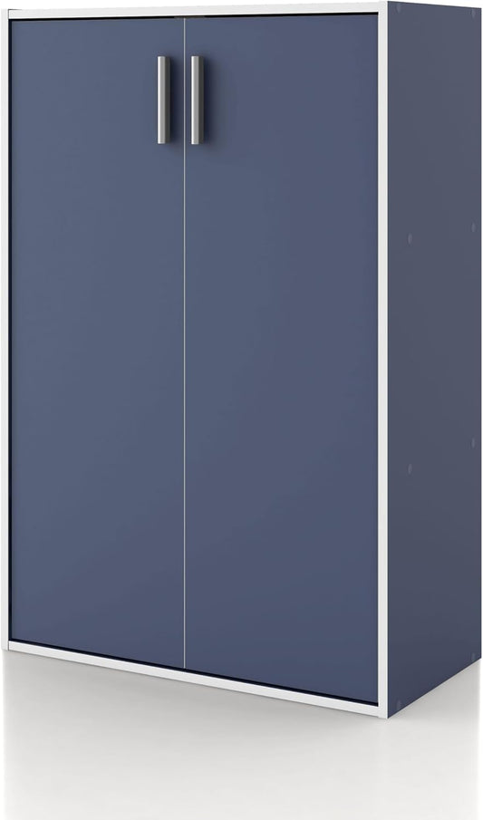 Homes: Inside + Out Apexa 3-Tier Stackable Wood Bookcase with Doors, Cube Storage Organizer Shelves, Small Food Pantry Cabinet, Dorm Teen Room Decor & Bedroom, Home Office, Kitchen, Steel Blue