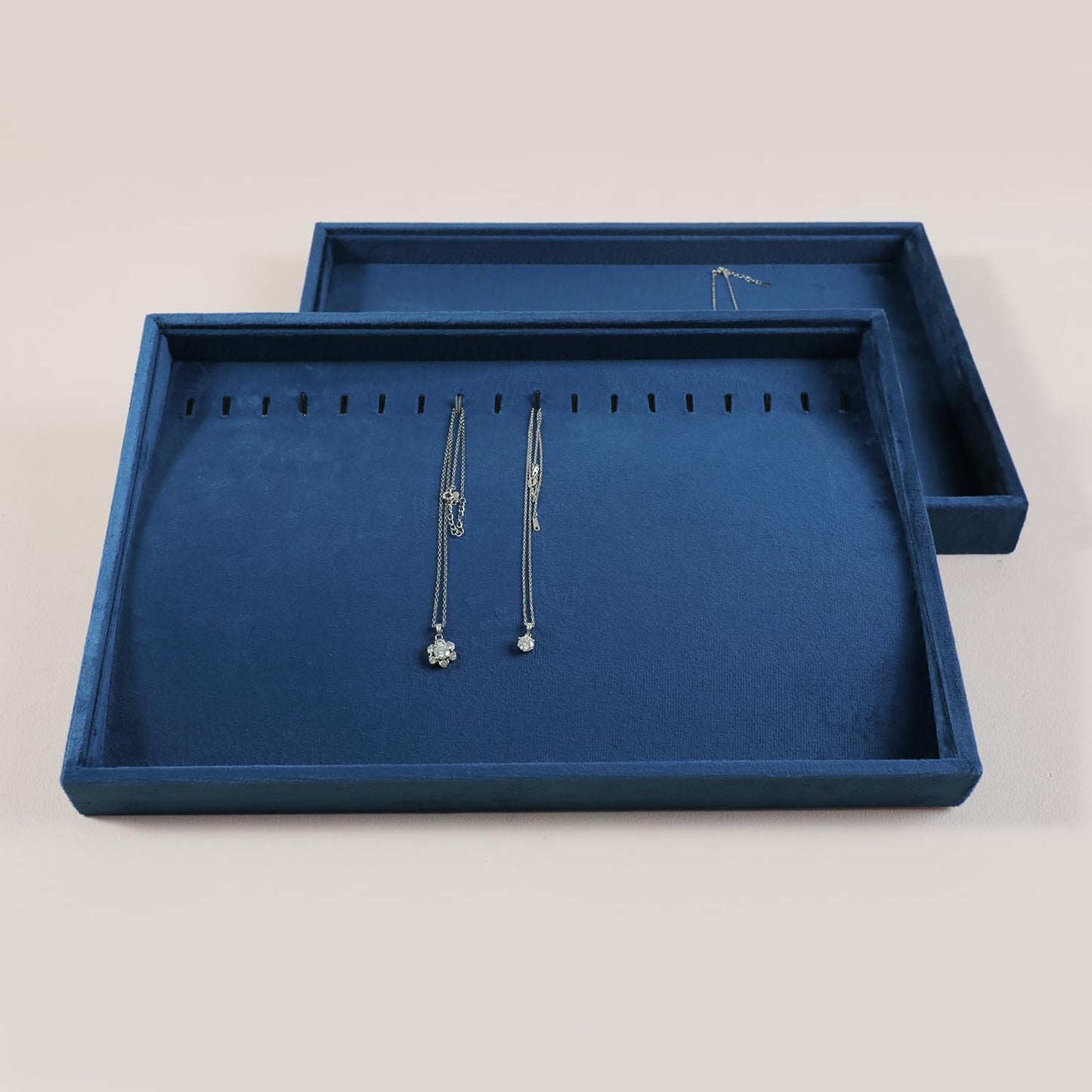 Velvet Jewelry Display Tray For Bracelet Pendant Necklace, Multi-Slot Stackable Storage Tray For Long Chain Jewelries, Drawer Insert Jewelry Organizer (Blue)