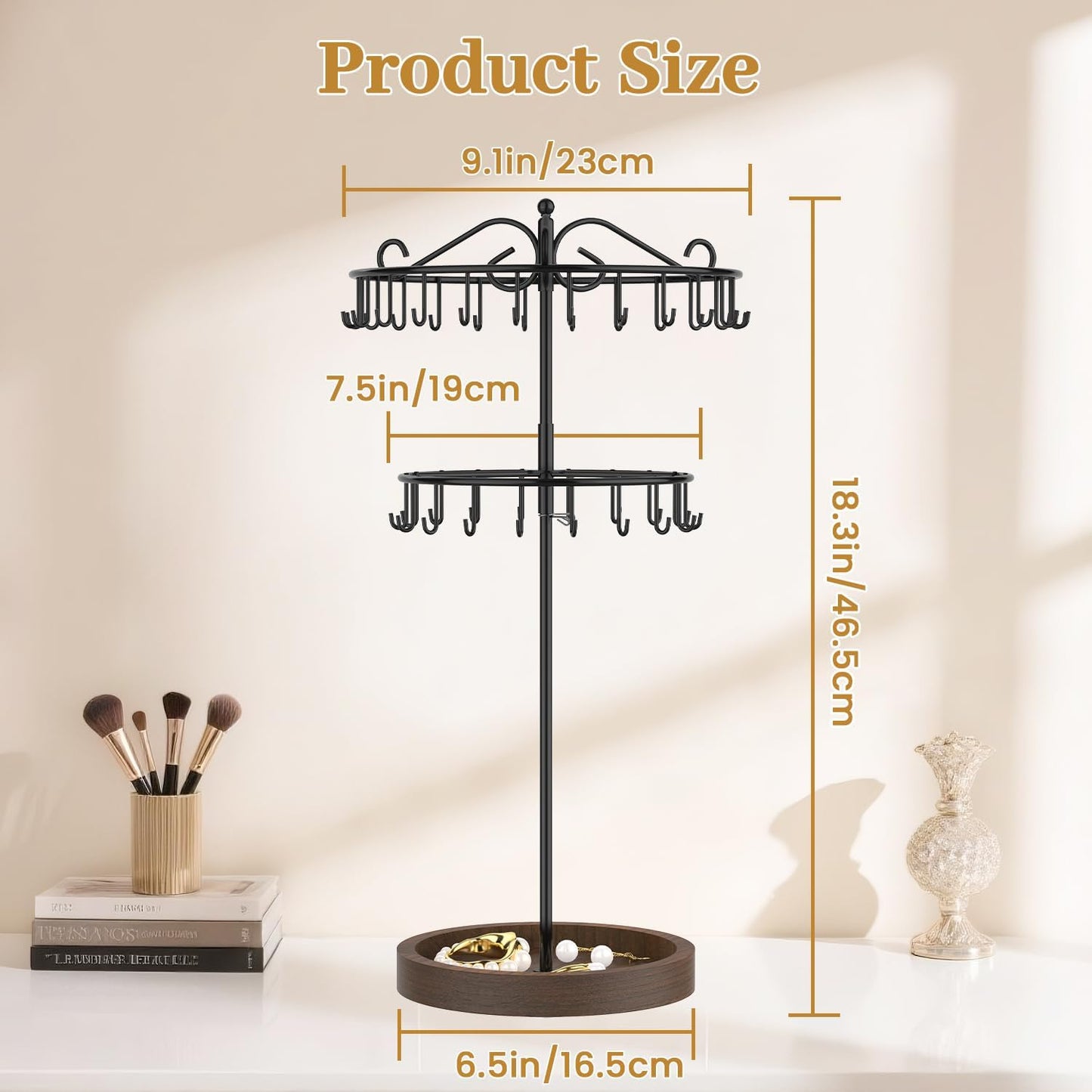MODOWEY Rotating Necklace Holder Stand Organizer, 2 Tier Adjustable Extra Tall Metal Display Tree with Wooden Tray, 42 Hooks Pendant Hanger for Women Men, Stylish and Secure Jewelry Rack, Black