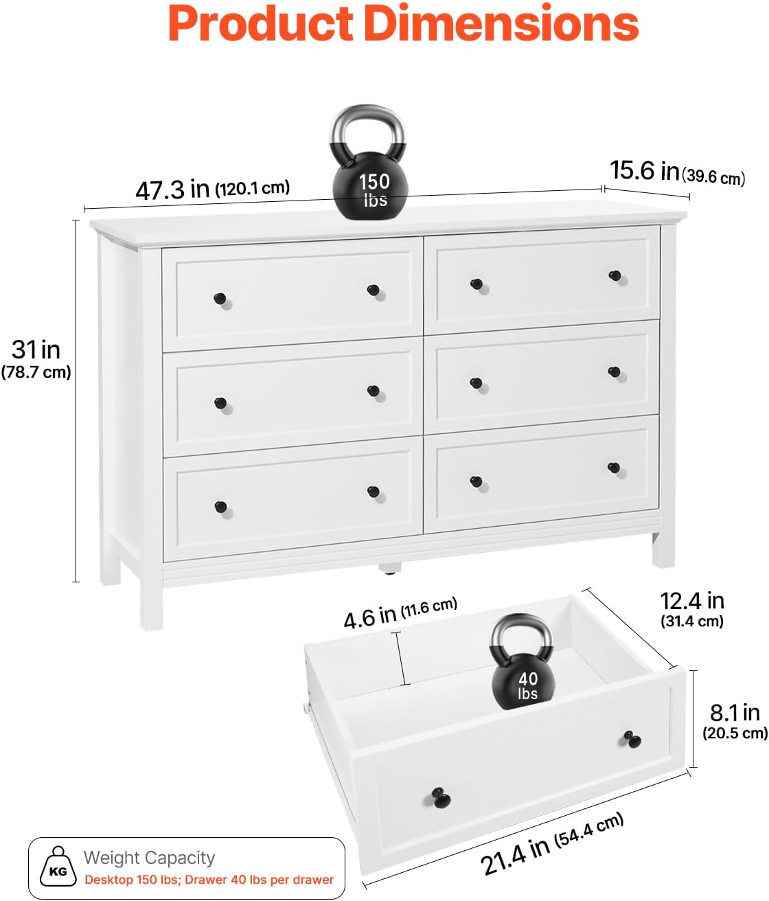 VEVOR 6 Drawer White Dresser, Wood Dresser Chest of Drawers with Middle Sliding Leg, Closet Storage Clothes Organizer for Bedroom, Living Room, Hallway, Entryway, Wide Drawer with Metal Handles
