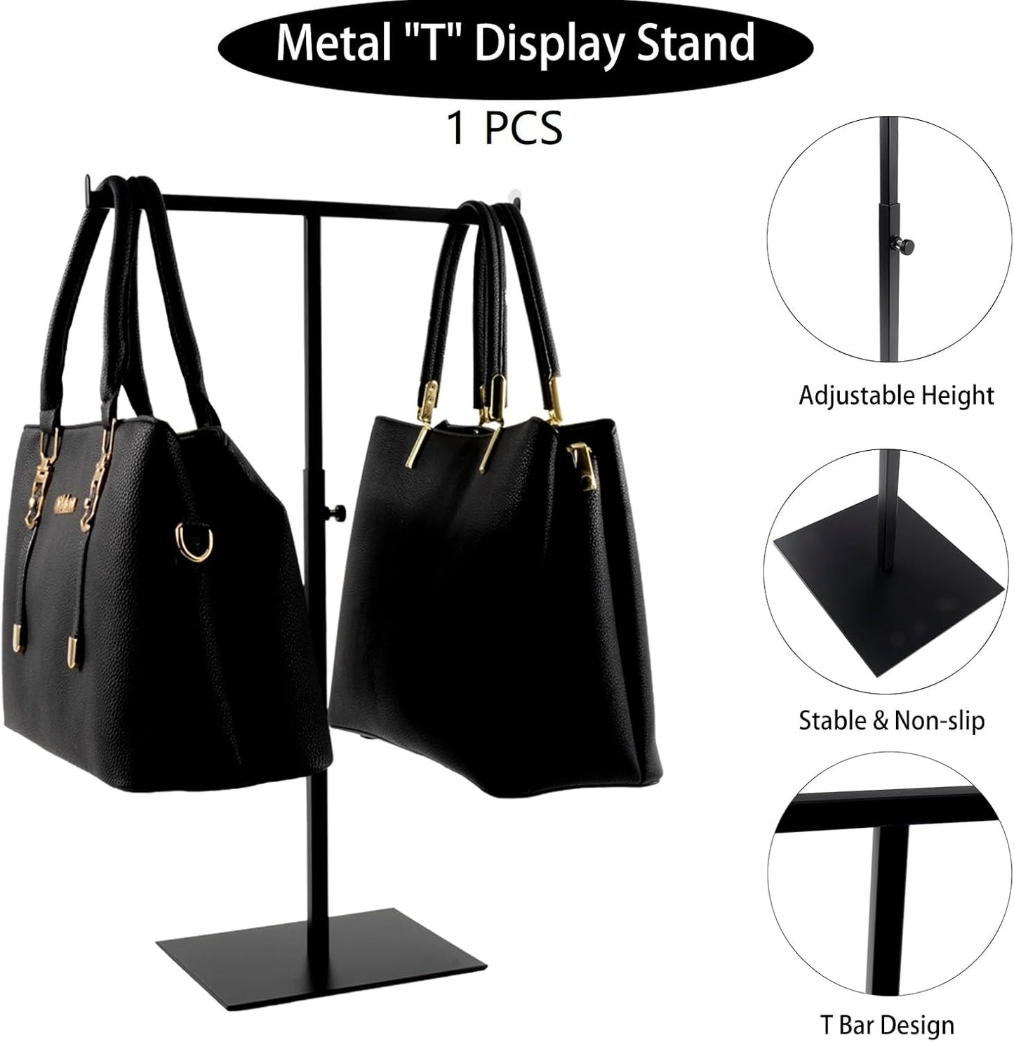 Purse Display Stand Jewelry Towers - 2 Pack Purse Stand Handbag Bag Display Black Tabletop Stainless Steel Hook Hanging Jewelry Stands for Necklaces Organizer Adjustable Height Home Store Boutique
