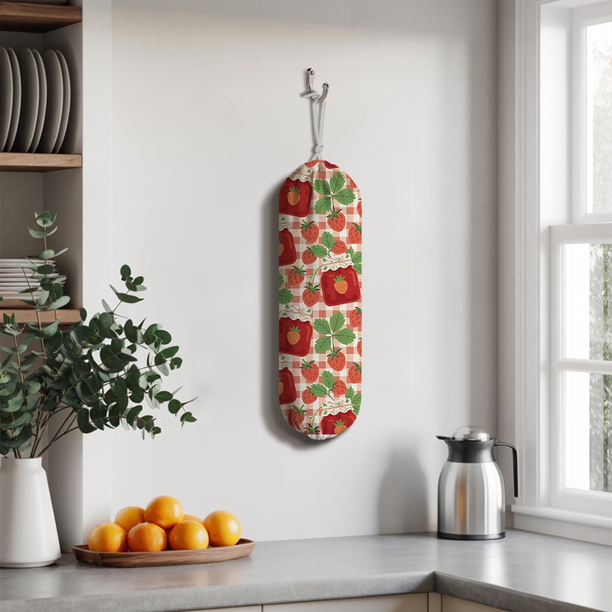 Fruits Plastic Bag Holder, Strawberry Grocery Bags Storage Organizer, Reusable Shopping Bags Holder Dispenser for Kitchens Pantry, Housewarming Gift, Kitchen Pattern Garbage Bag 45