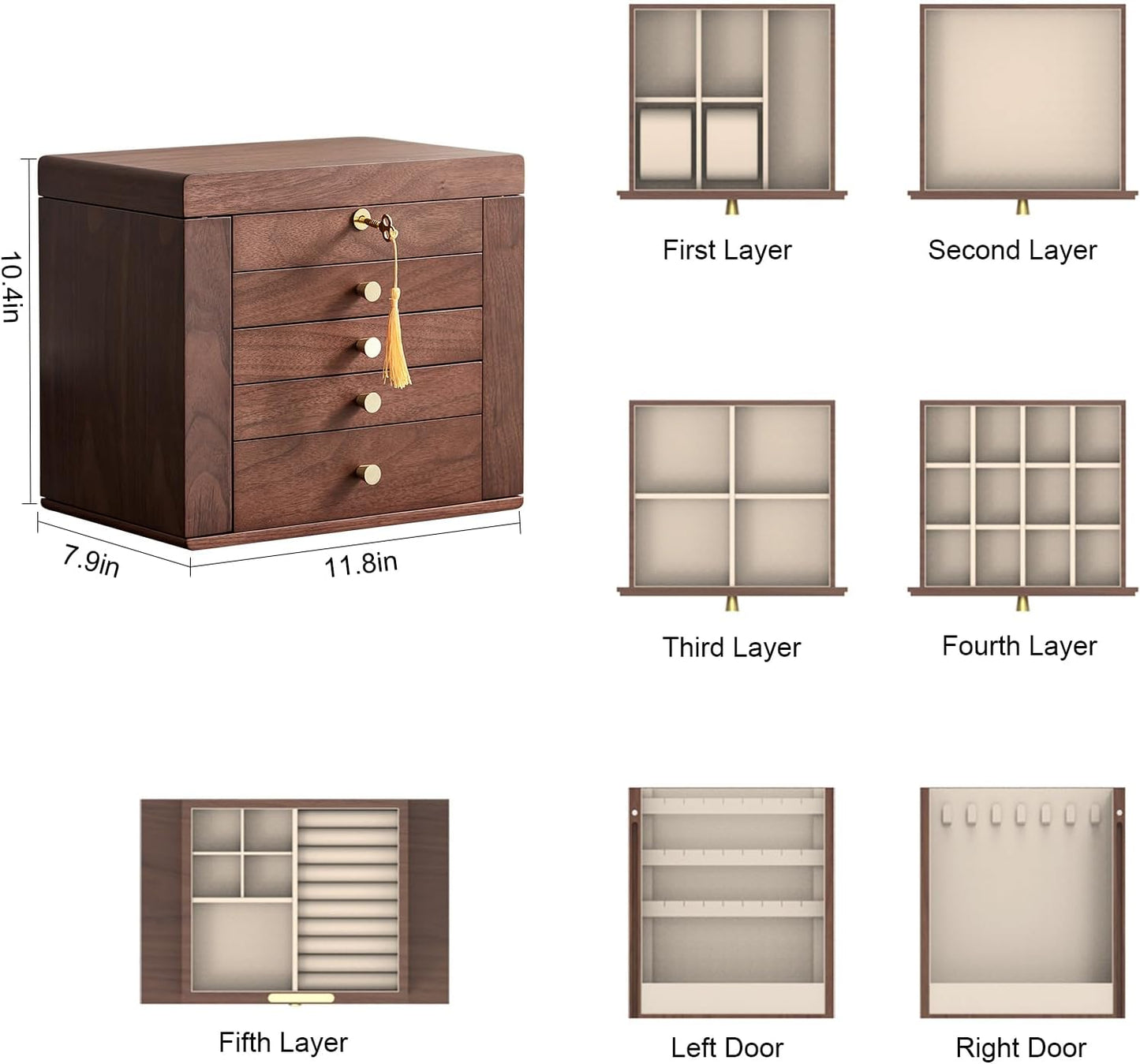 CHOSIN Black Walnut Wooden Jewelry Box for Women with Mirror, 5 Drawers and 2 Side Doors for Watches, Necklaces, Rings, Earrings Storage Christmas Gifts