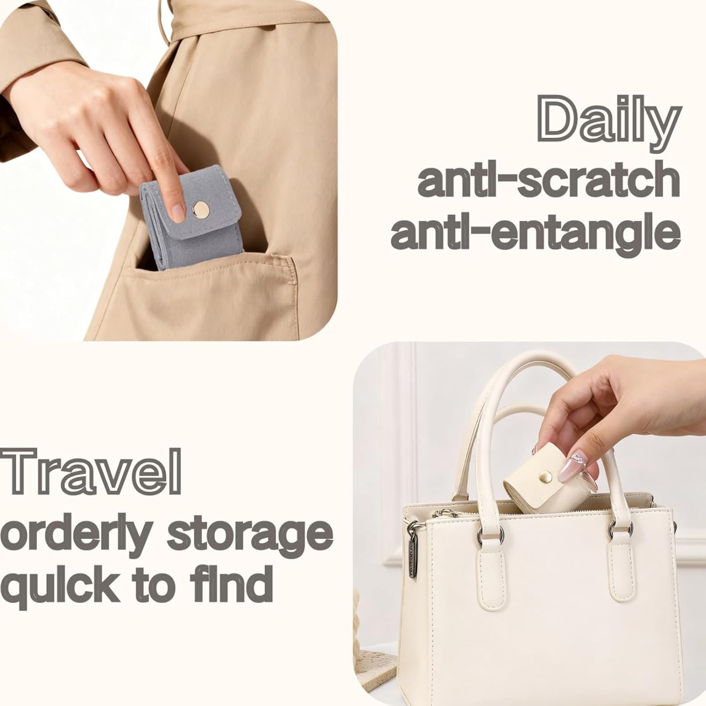 Mini Travel Jewelry Bag,Mini Jewelry Pouch,Protable travel Jewelry Storage Organizer Case,Small Jewelry Storage Roll with Buckle for Earrings,Rings,Necklaces (Pink+Gray+Off-white, 3Pcs)